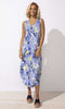 tropical floral sleeveless midi dress with V-neck and curved hem, summer resort outfit.