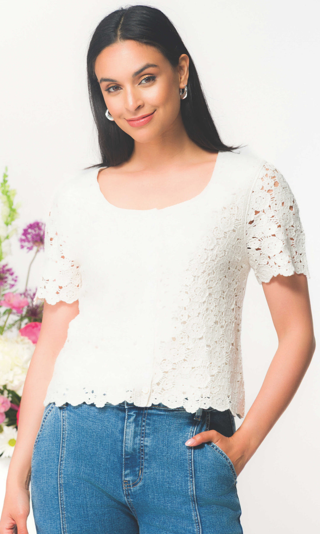Lace Panel Short Sleeve Knit Top