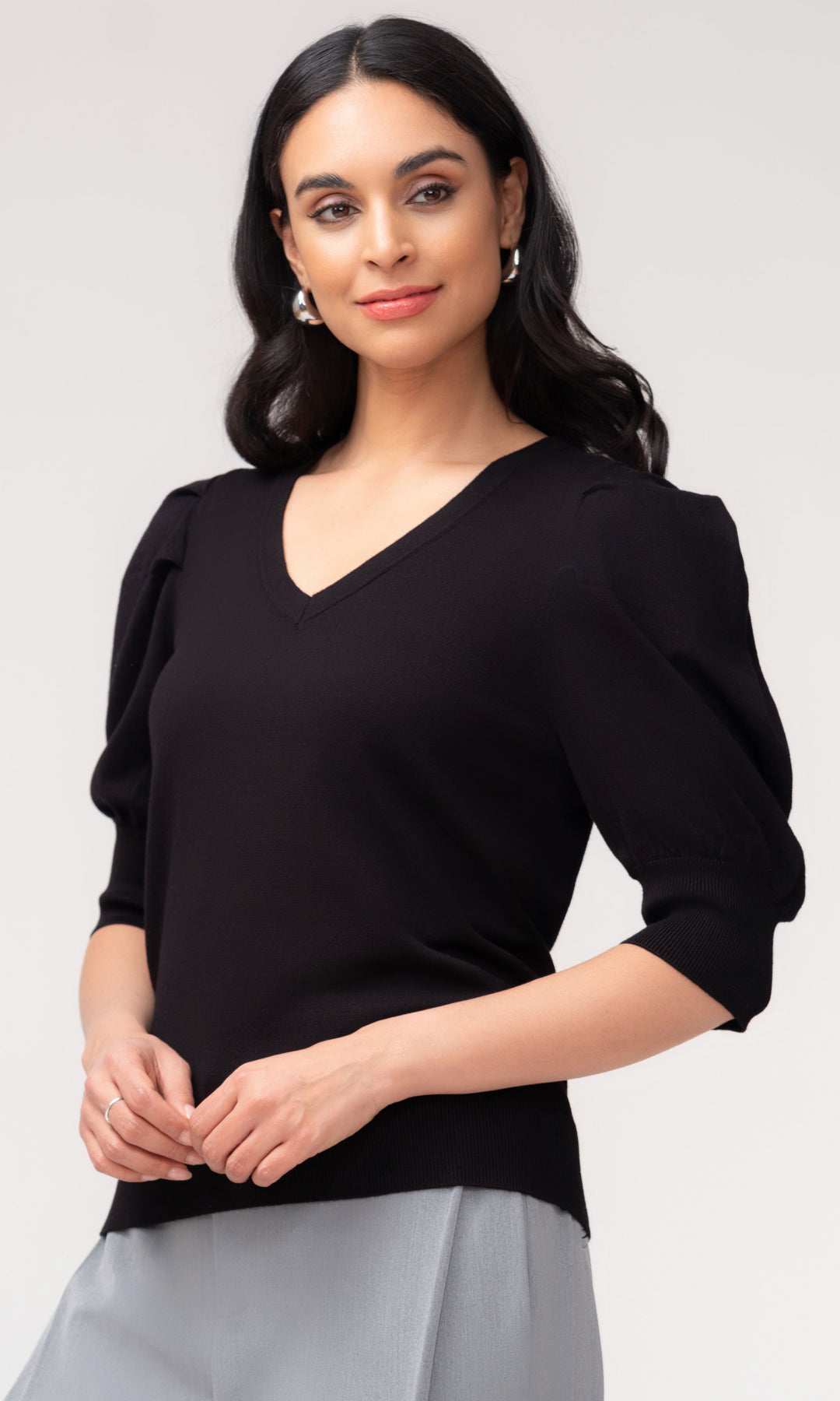Gathered Sleeve V Neck Sweater