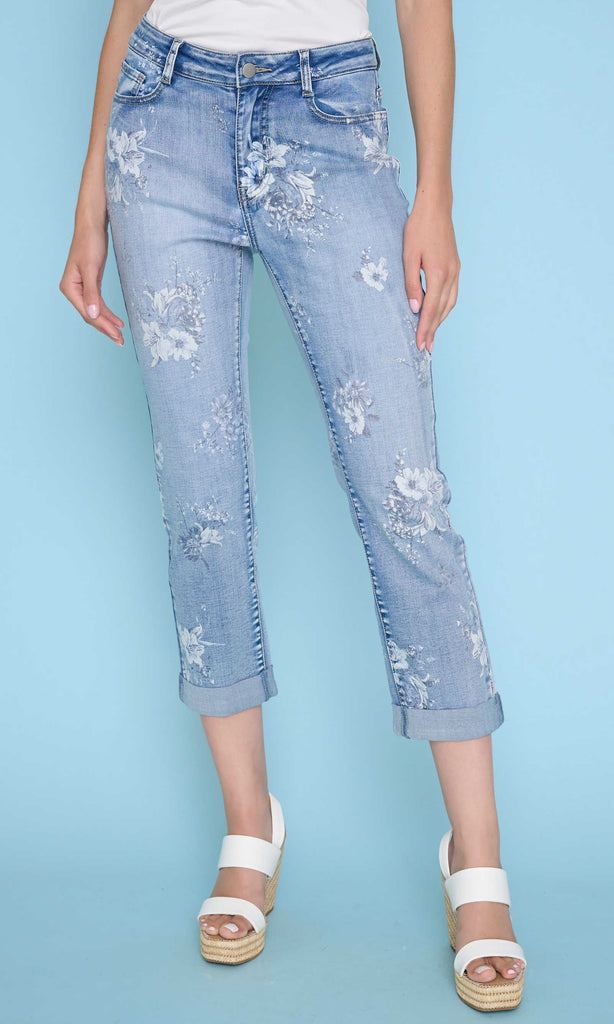 Floral Print Cropped Cuffed Denim
