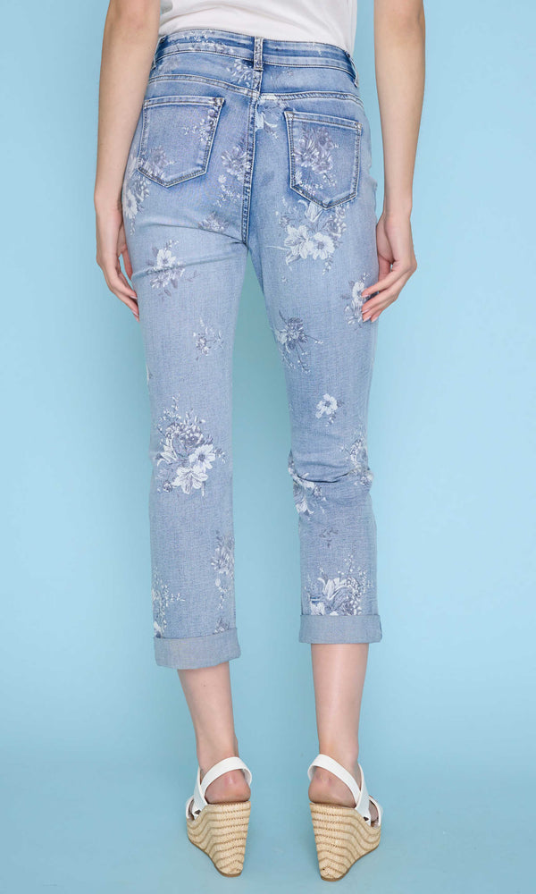 Floral Print Cropped Cuffed Denim