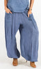 Blue denim wide-leg pants worn by a person on a white background