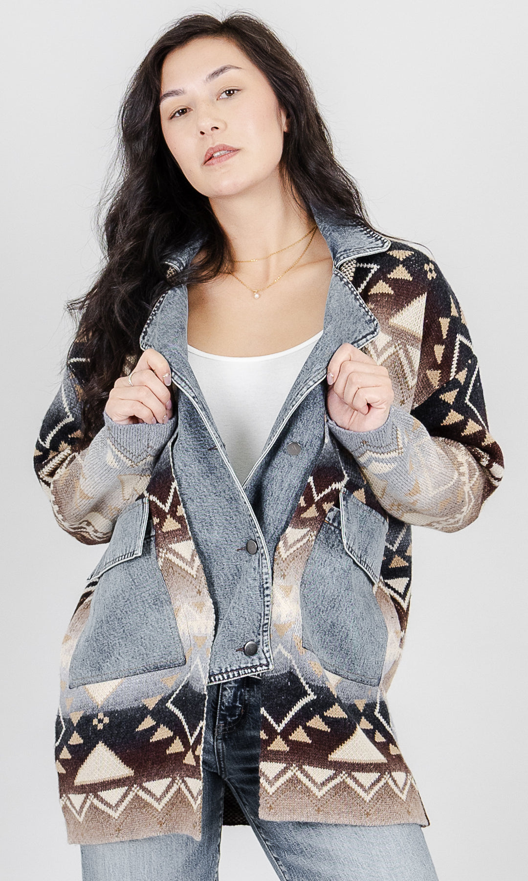 Geometric Knit Denim Trim Jacket