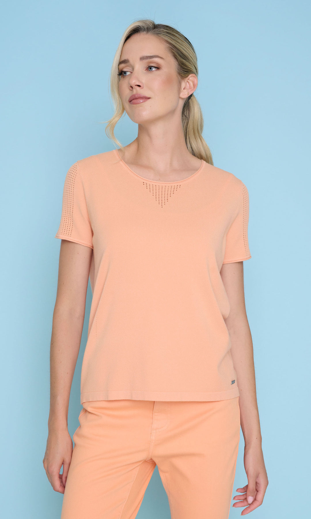 Pointelle Detail Short Sleeve Knit Top