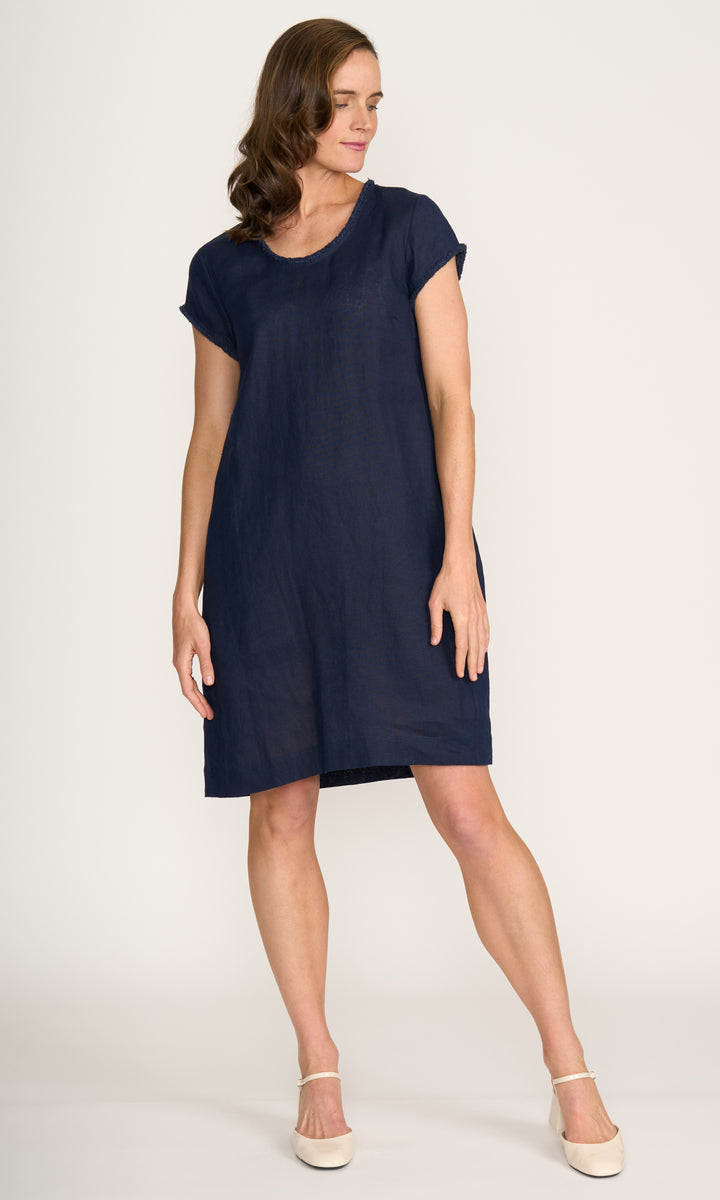 Linen Trim Detail Shift Dress