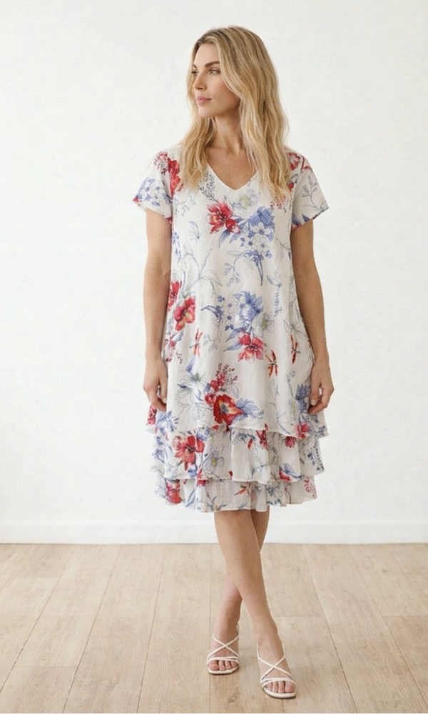 Woman wearing a floral dress standing against a white background