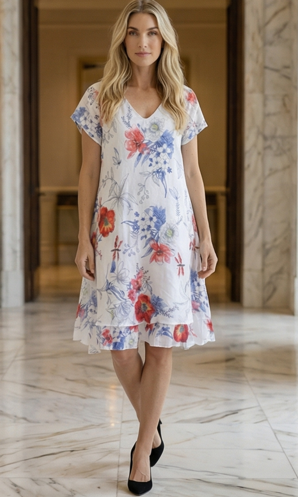 Woman wearing a floral dress in a marble hallway