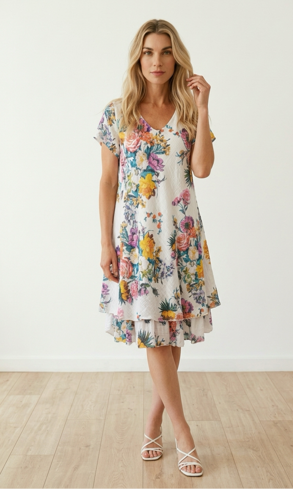 Woman wearing a floral dress standing on a wooden floor with a white wall background