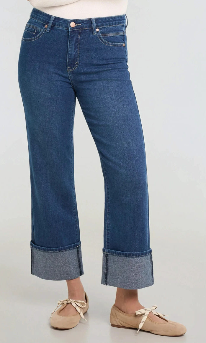 Cropped Wide Leg Cuffed Jeans