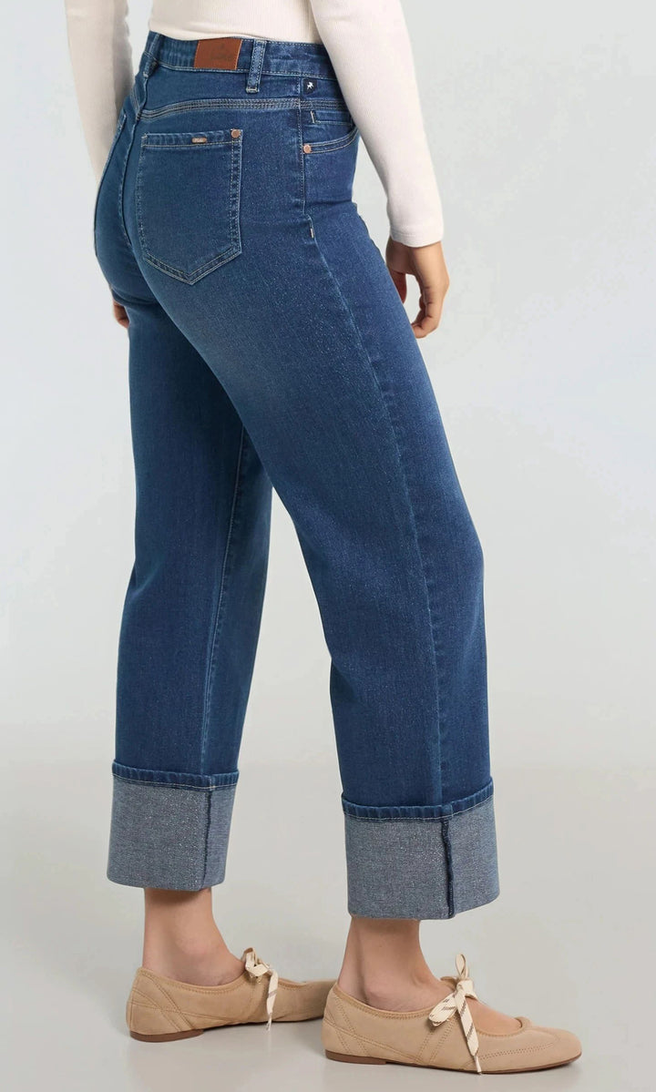 Cropped Wide Leg Cuffed Jeans