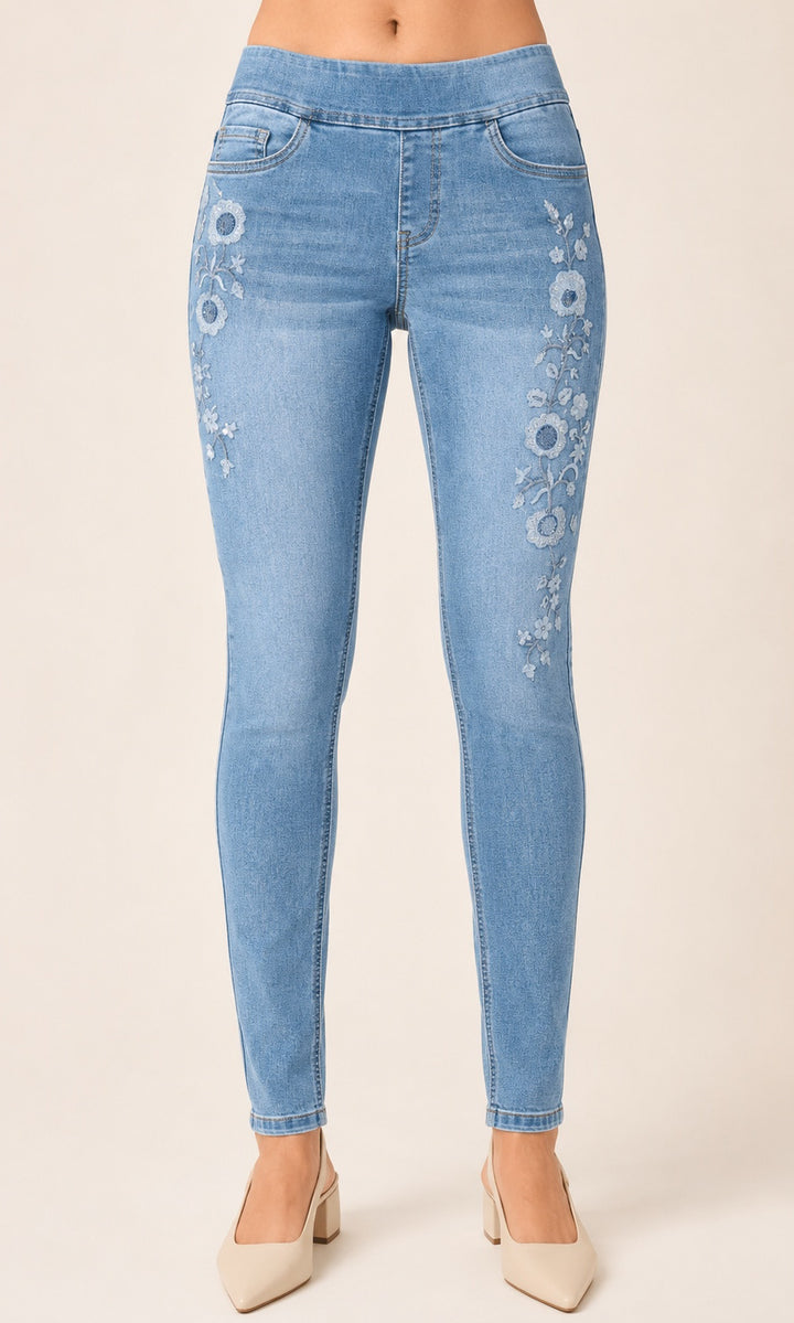 Embroidered Pull-On Denim Jegging