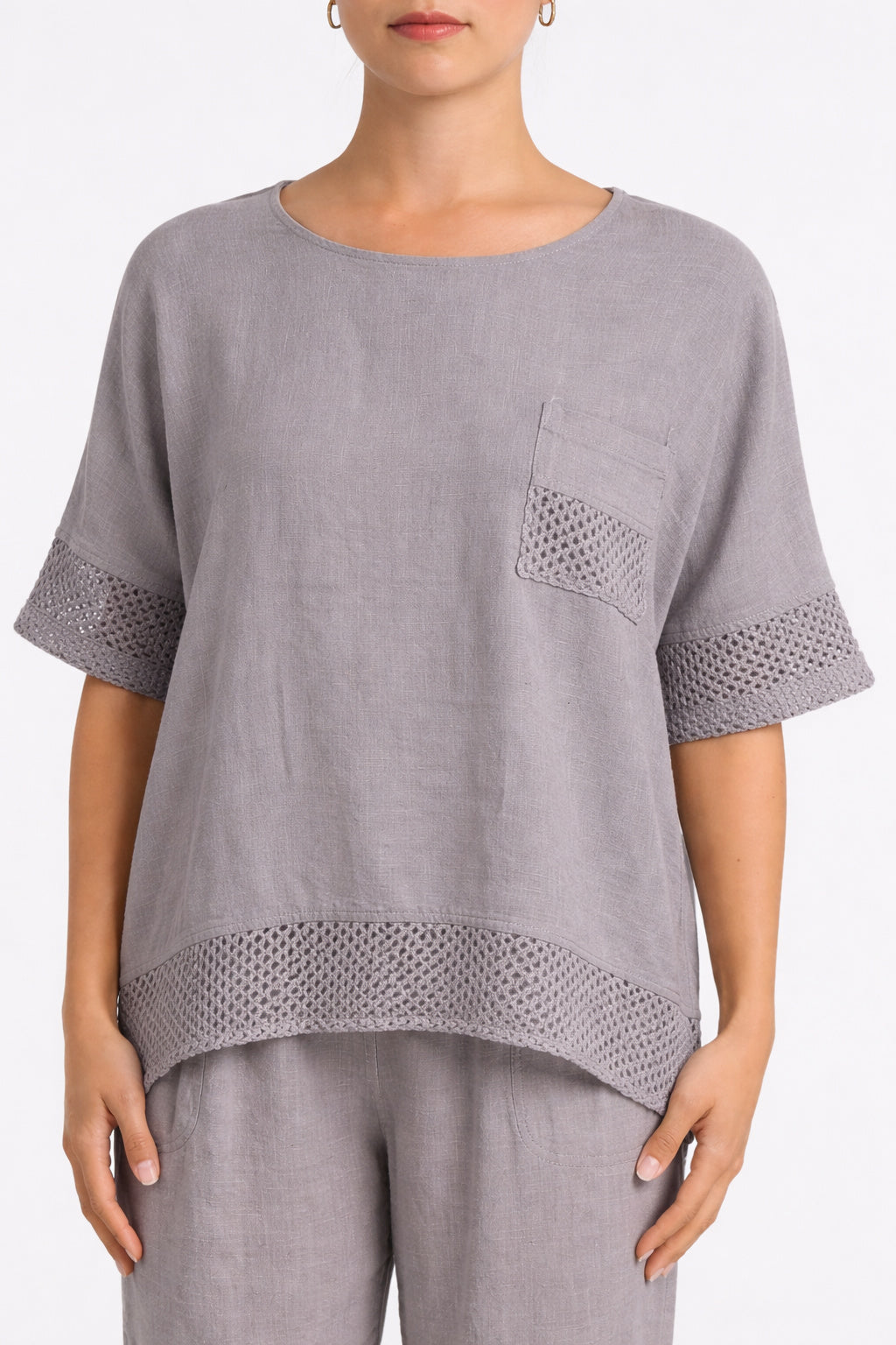 Linen Blend Mesh Trim Relaxed Top