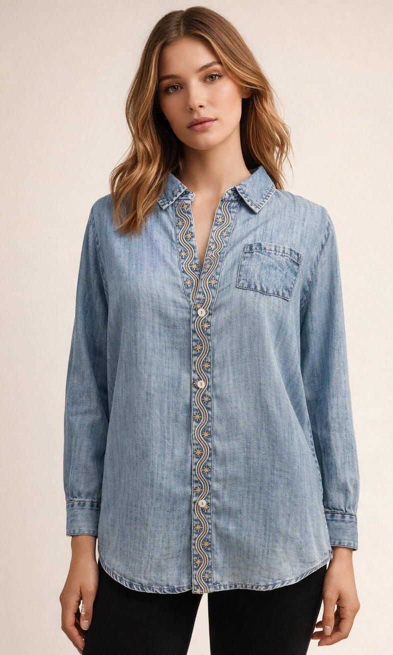 Embroidered Chambray Button-Up Shirt