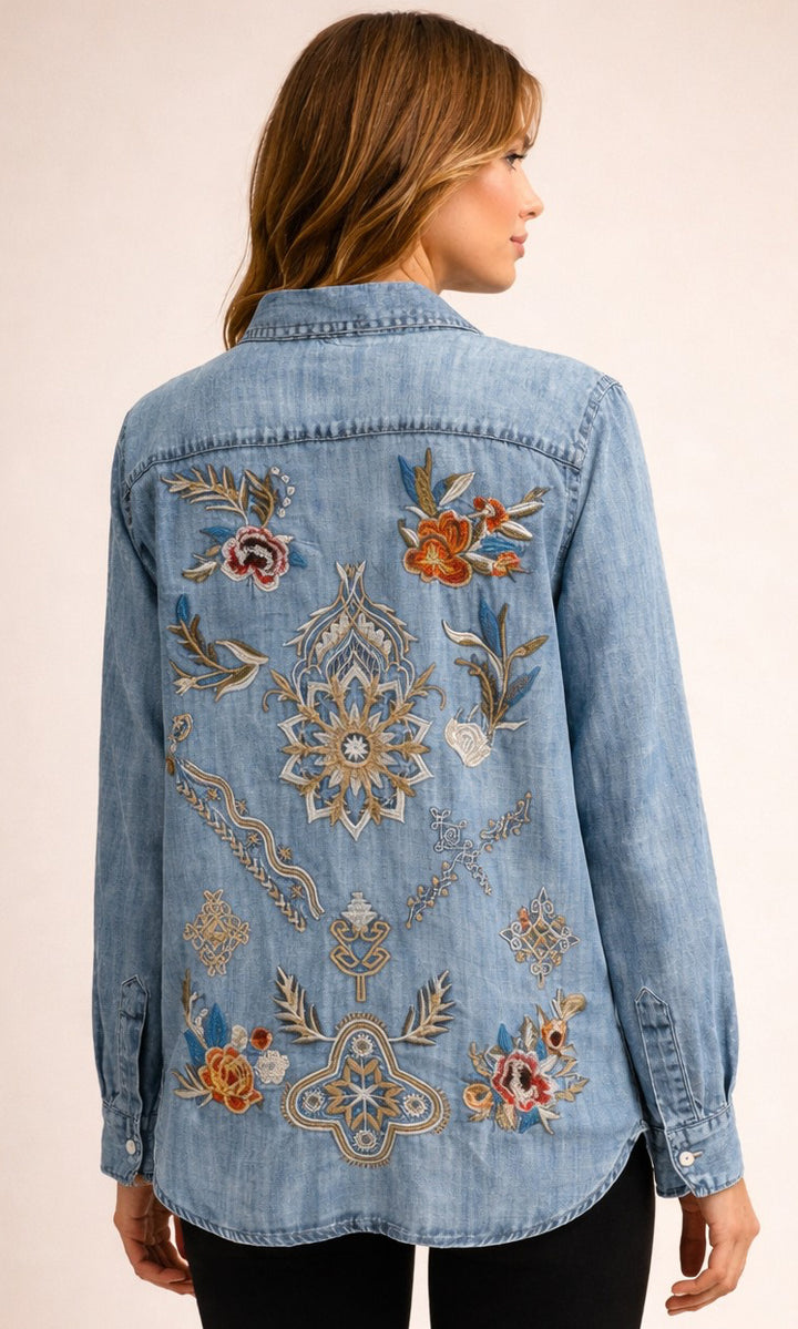 Embroidered Chambray Button-Up Shirt