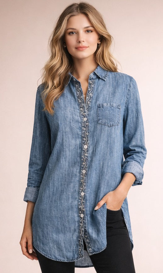 Floral Embroidered Longline Chambray Shirt