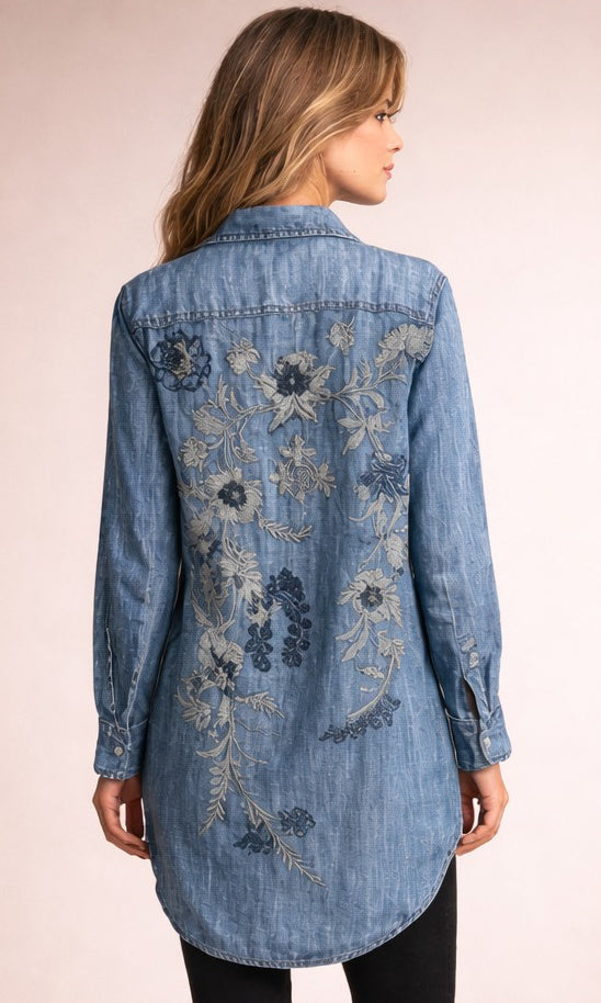 Floral Embroidered Longline Chambray Shirt