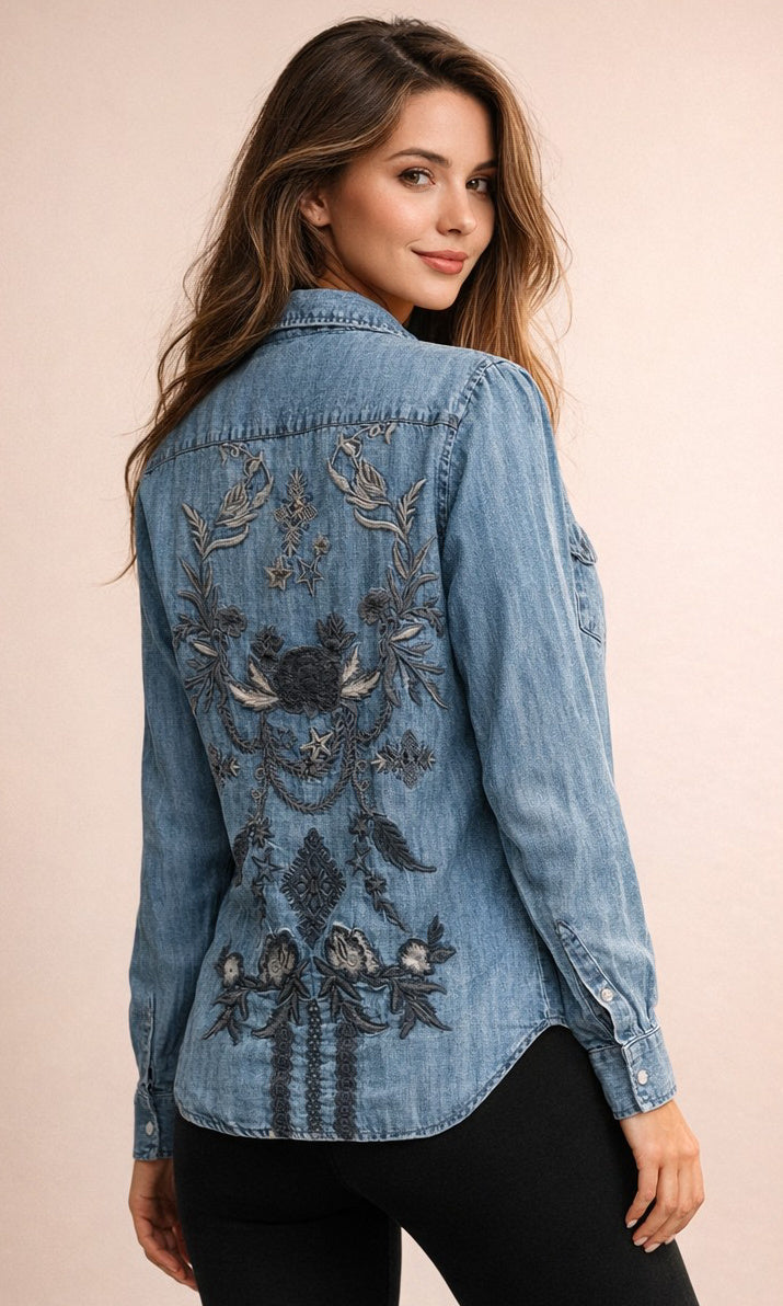 Ornamental Embroidered Chambray Shirt