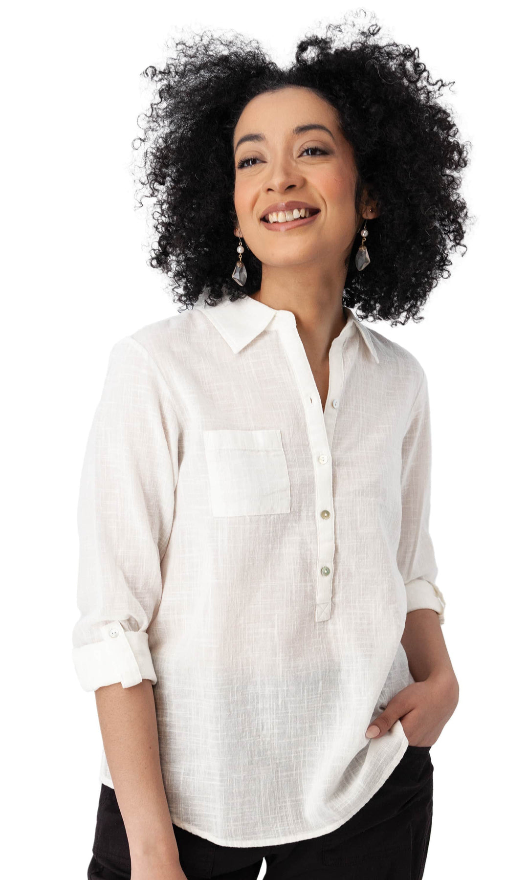 Organic Cotton Button-Front Roll Sleeve Blouse
