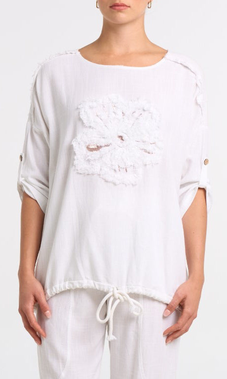 Textured Linen Blend Drawstring Top