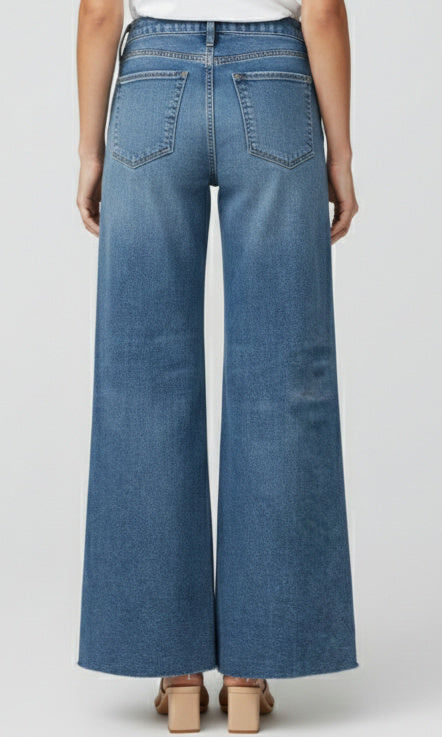 High rise wide leg cropped denim jeans with raw hem and classic five pocket design, front and back view.