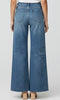 High rise wide leg cropped denim jeans with raw hem and classic five pocket design, front and back view.