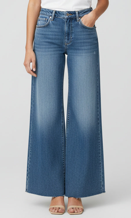 High rise wide leg cropped denim jeans with raw hem and classic five pocket design, front and back view.