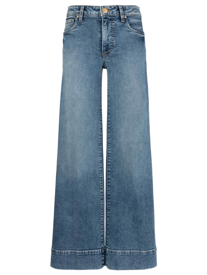 Blue wide-leg jeans on a white background