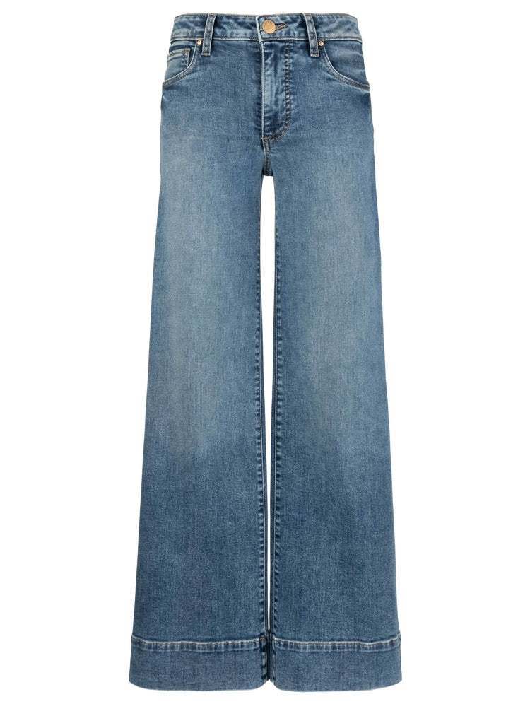 Blue wide-leg jeans on a white background