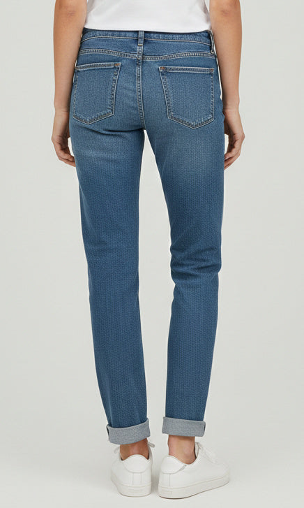Mid-wash slim straight stretch denim jeans