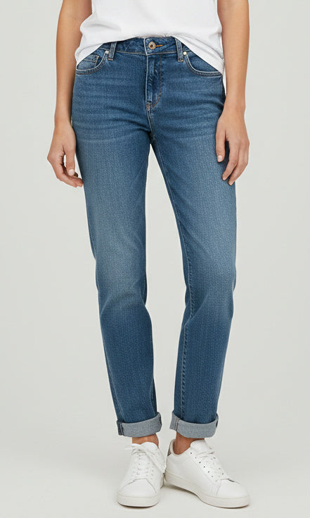 Mid-wash slim straight stretch denim jeans