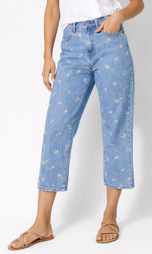 Embroidered Cropped Denim Jeans