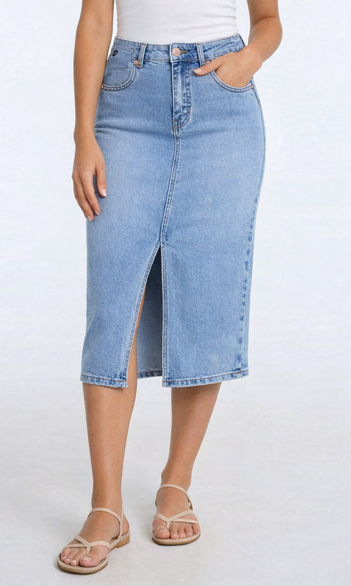 Classic Stretch Denim Midi Skirt