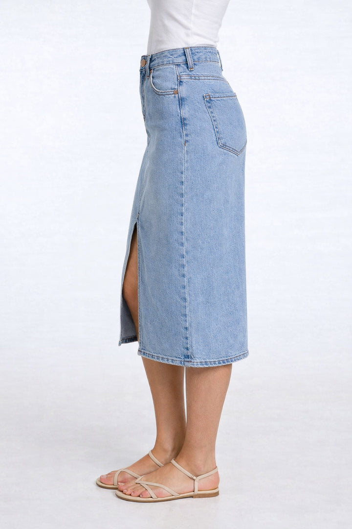 Classic Stretch Denim Midi Skirt