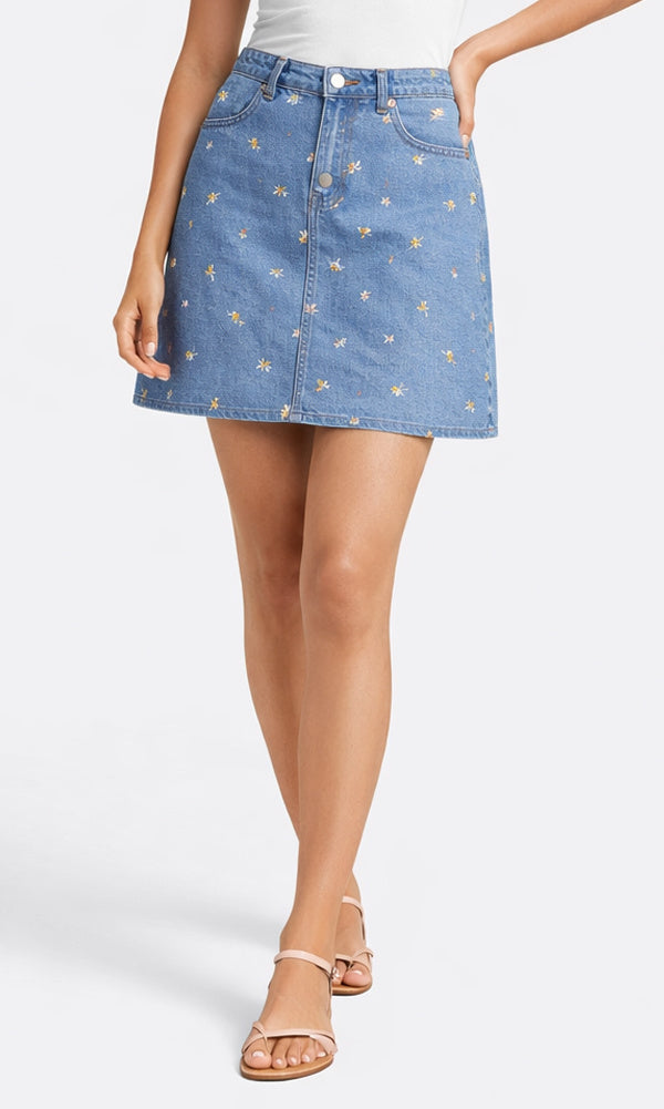 Embroidered Denim A-Line Skirt