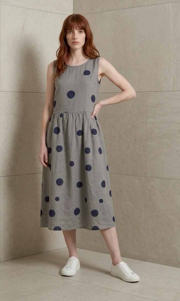 Woman wearing a gray dress with blue polka dots against a beige wall.