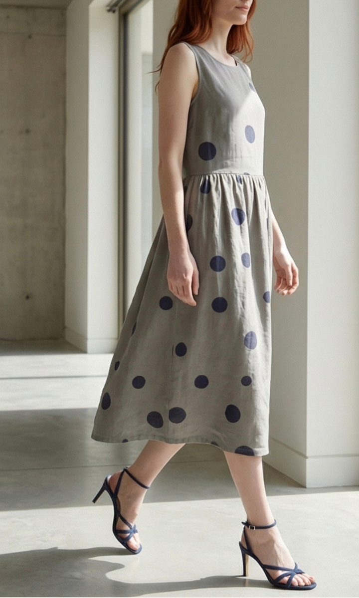 Woman wearing a gray dress with blue polka dots in an indoor setting