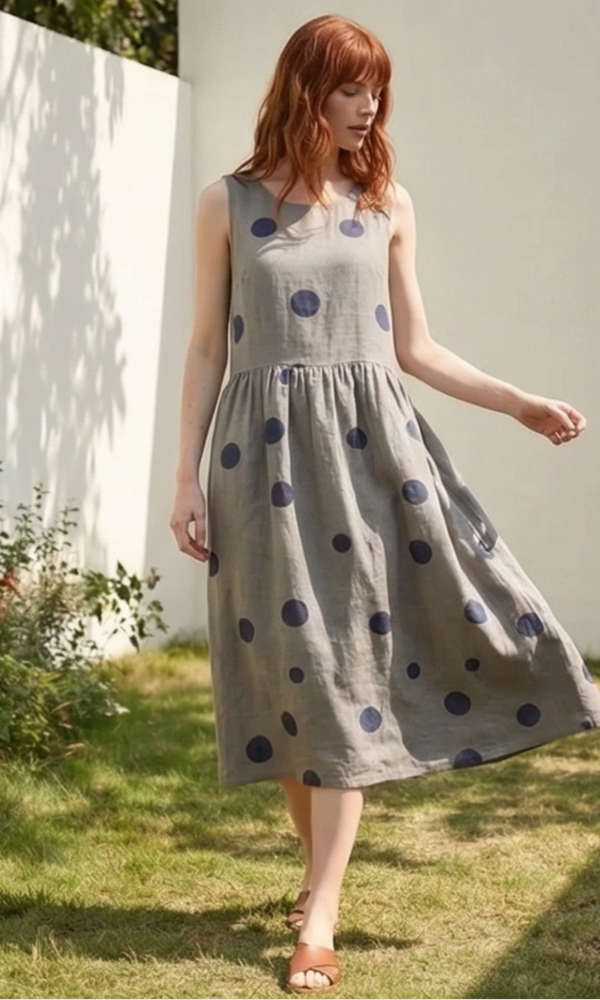 Woman wearing a polka dot dress standing outdoors on grass.