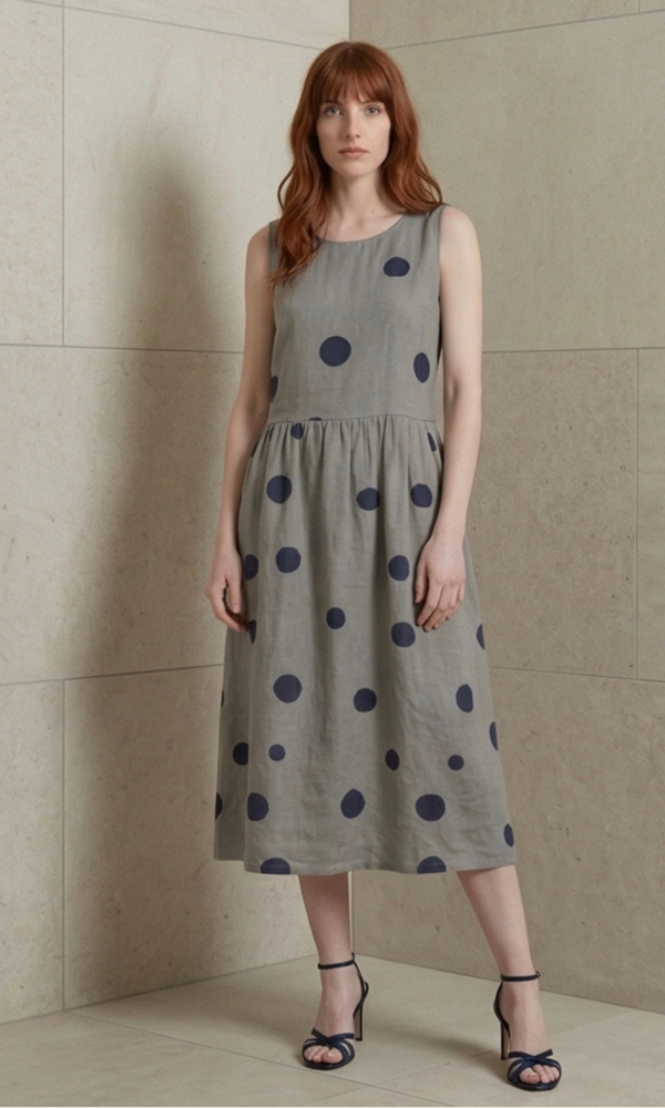 Woman wearing a sleeveless dress with polka dots against a beige wall.
