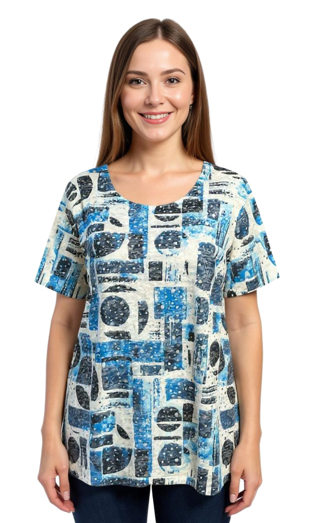 Woman wearing a blue and white patterned blouse on a white background