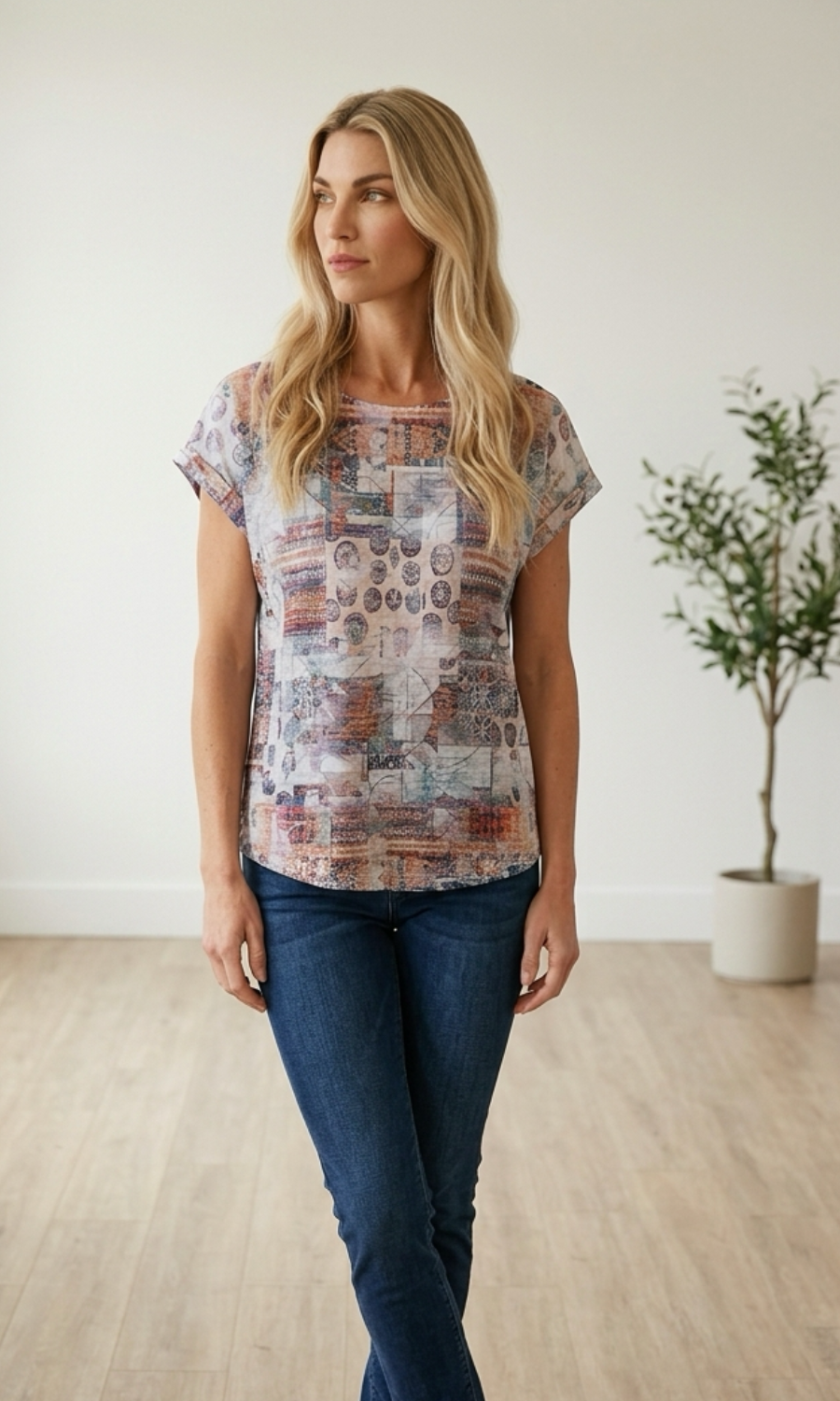 Abstract Patchwork Print Top with Cap Sleeves