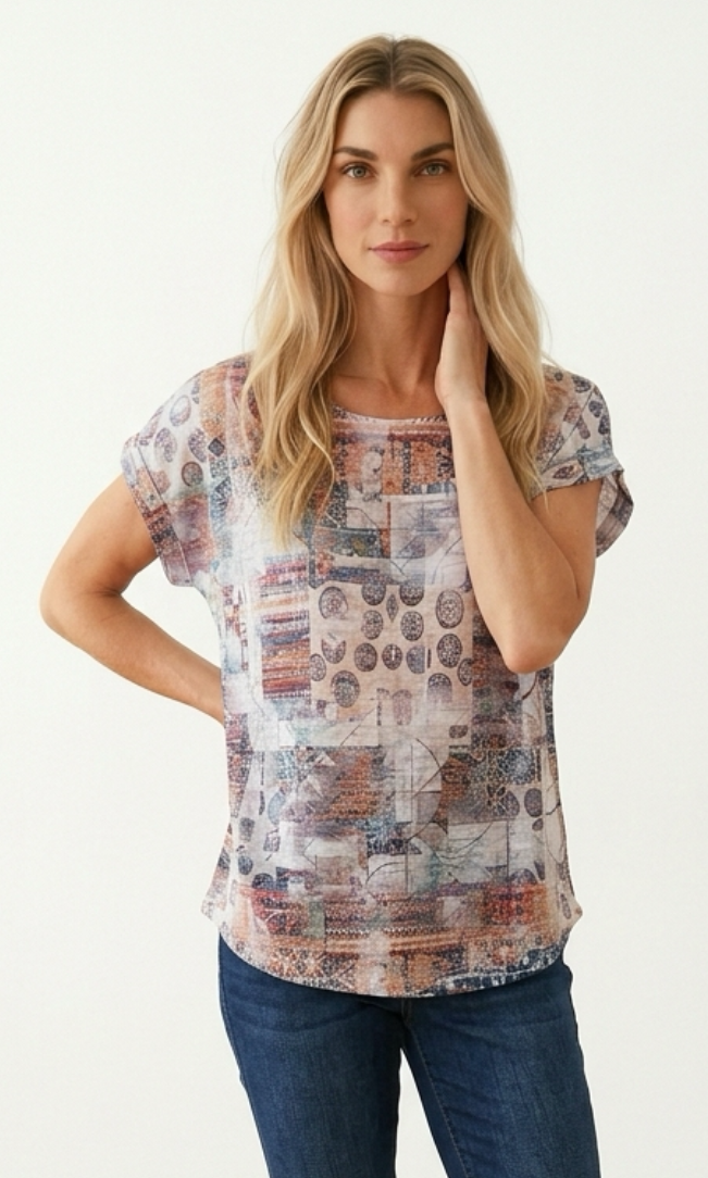 Abstract Patchwork Print Top with Cap Sleeves
