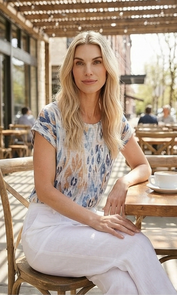 Woman sitting at an outdoor cafe table with a blurred background