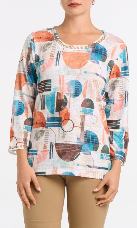 Abstract Print Scoop Neck Top with 3/4 Sleeves