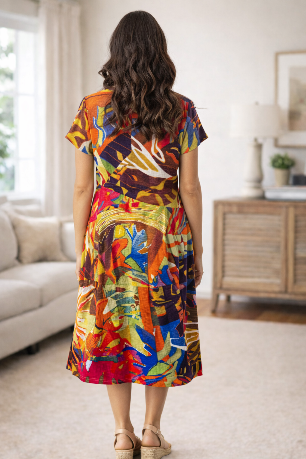 Woman wearing a colorful dress in a living room setting