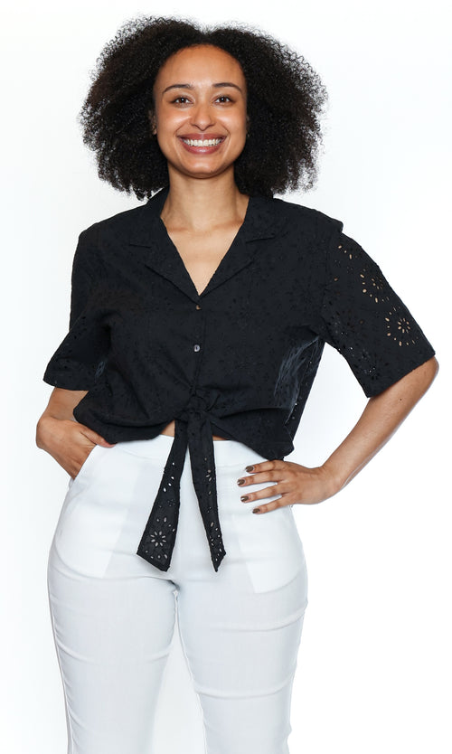 Cotton Eyelet Tie-Front Blouse