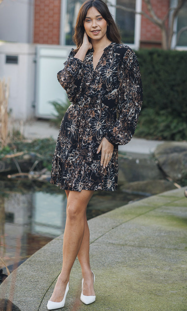 Floral Balloon-Sleeve Mini Dress