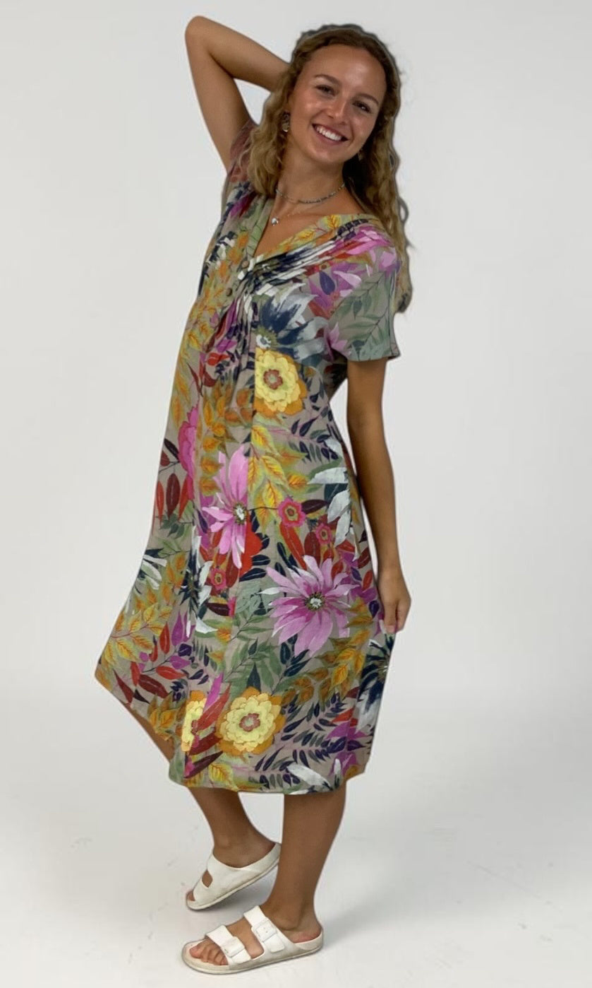 Botanical Linen Midi Dress