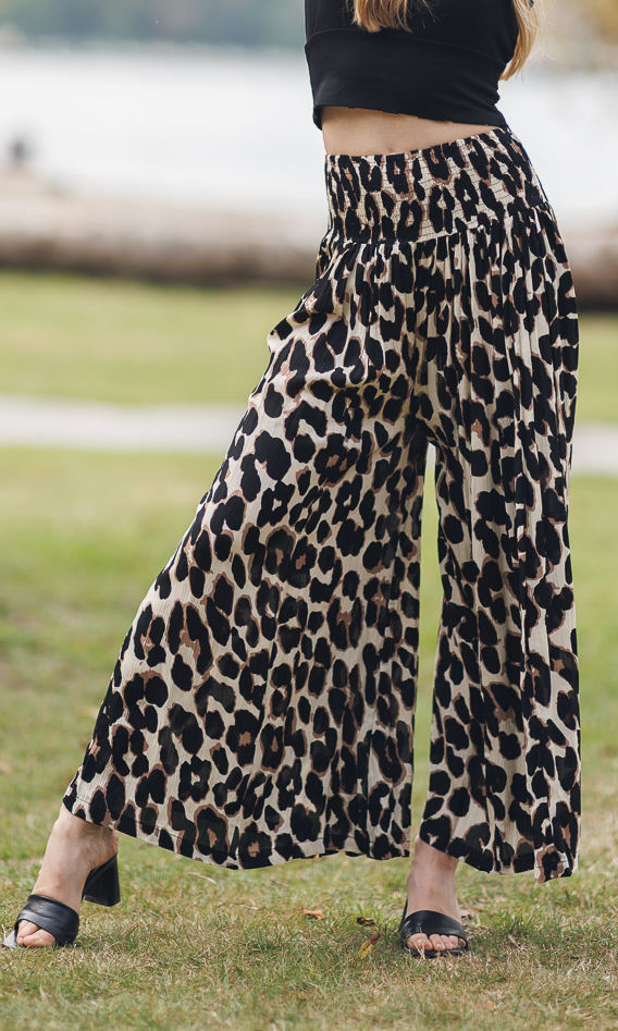 Leopard Print Pull-On Wide Leg Pants