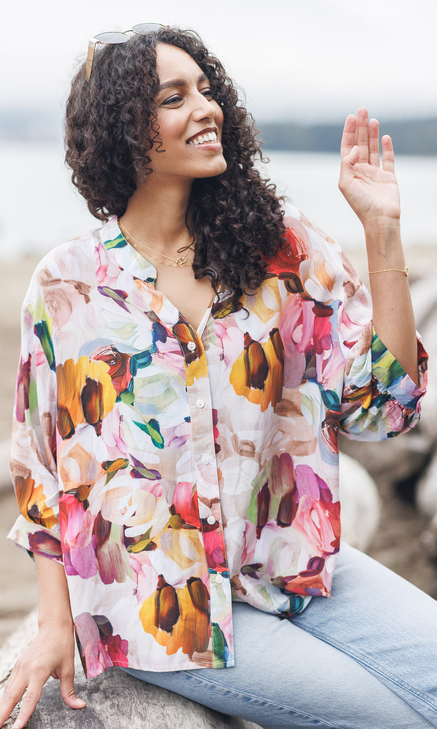 Painterly Print Button Front Blouse