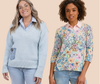 Two women wearing light blue sweater and floral blouse on a beige background